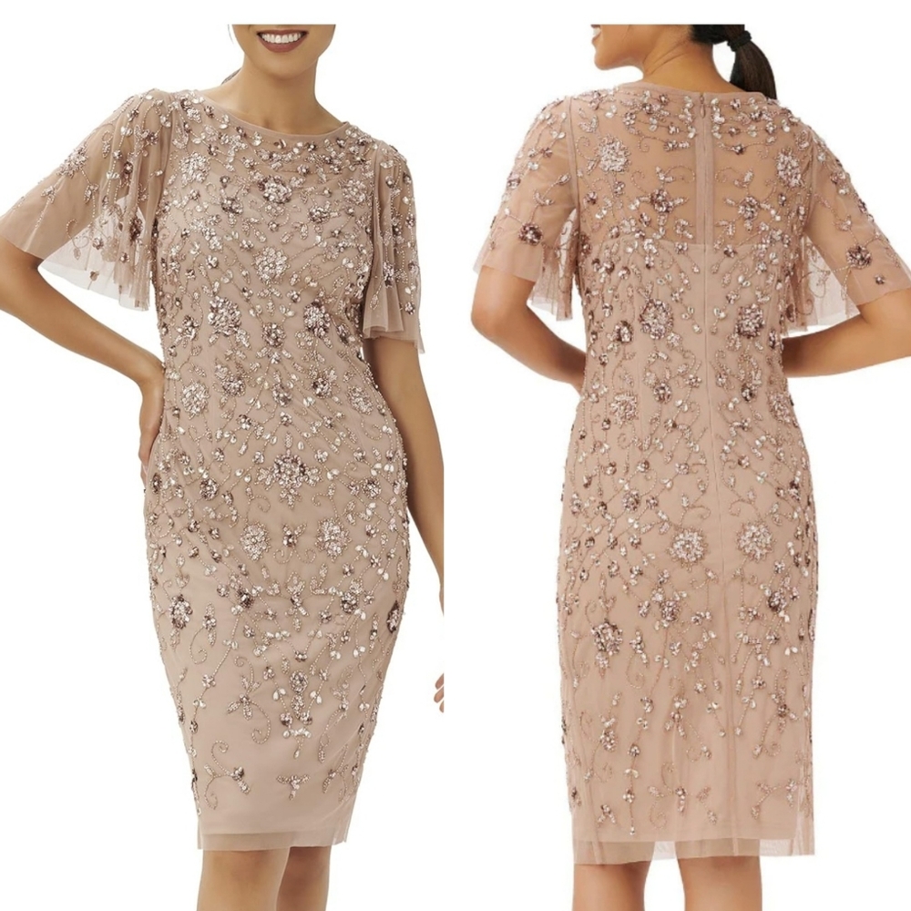 Adrianna Papell mauve pink beaded sheath dress flutter sleeve knee length Small